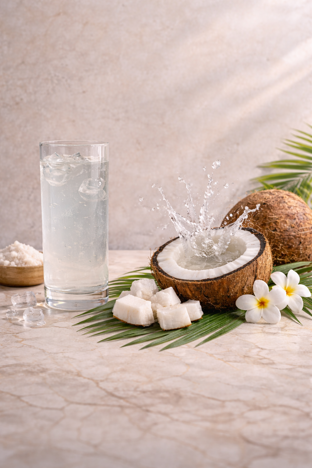 Agua de coco natural con pulpa real y electrolitos naturales, coco fresco abierto y bebida servida en vaso