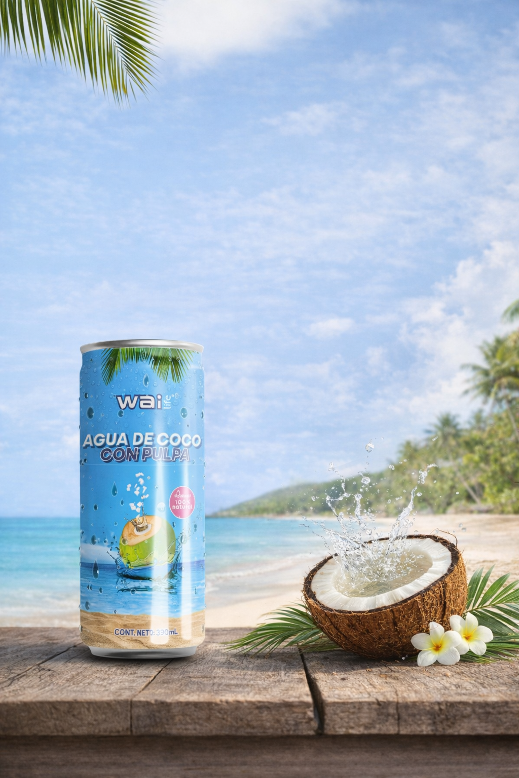 Wai Life agua de coco natural con pulpa 320 ml en lata sobre playa tropical con coco fresco