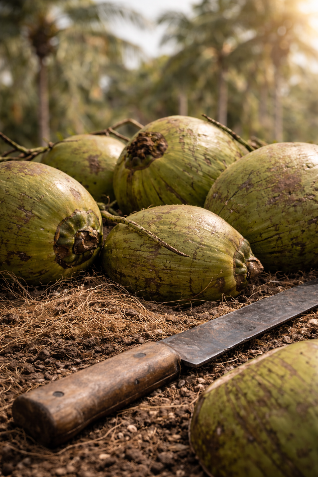 Cocos verdes frescos recién cosechados en plantación tropical, mostrando el origen natural del agua de coco.