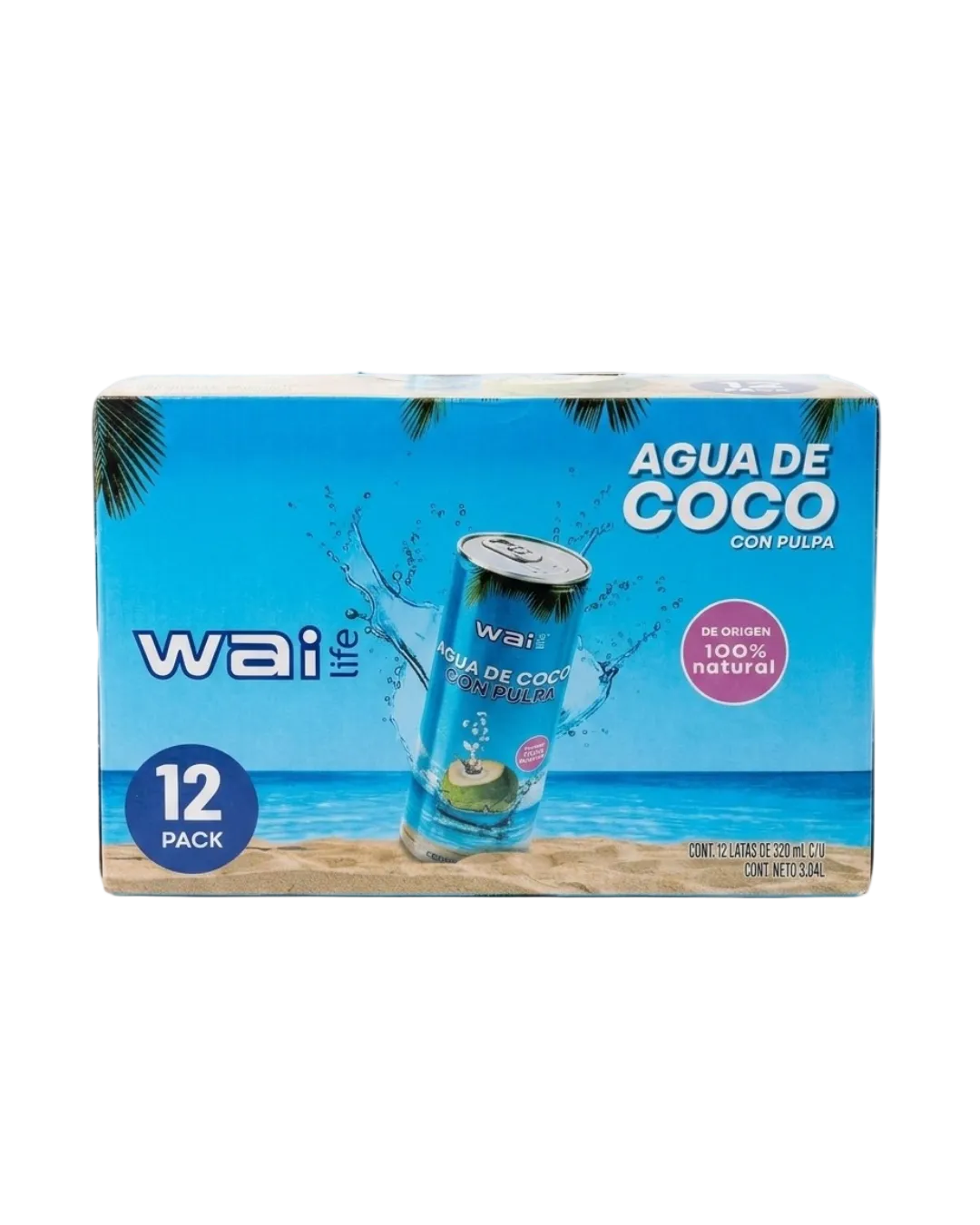 Alt text:
Vista frontal de caja Wai Life 12 pack de agua de coco con pulpa con diseño tropical azul y presentación premium para retail y distribución.