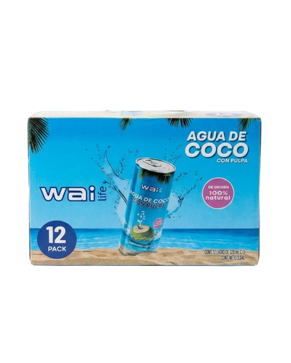 Alt text:
Vista frontal de caja Wai Life 12 pack de agua de coco con pulpa con diseño tropical azul y presentación premium para retail y distribución.