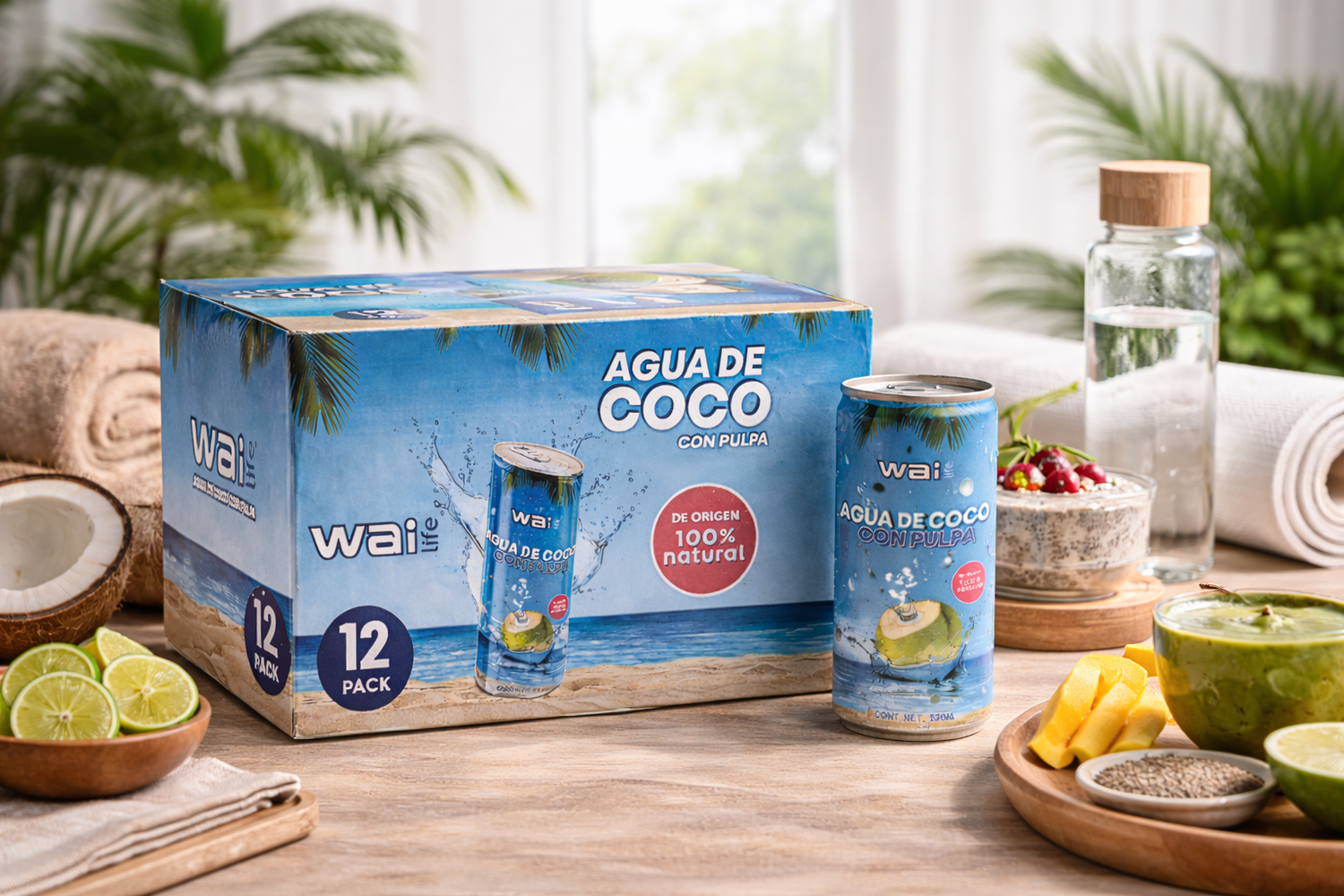 12 pack Wai Life agua de coco con pulpa en concepto wellness, hidratación natural con electrolitos naturales sin azúcares añadidos.