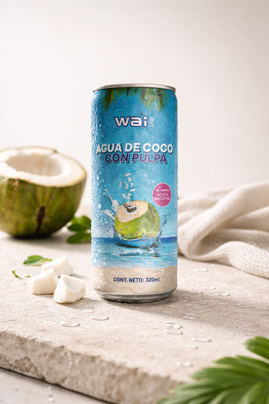 Lata Wai Life Agua de Coco con Pulpa 320ml sobre superficie clara con trozos de coco natural, imagen minimalista que representa pureza e ingredientes reales.