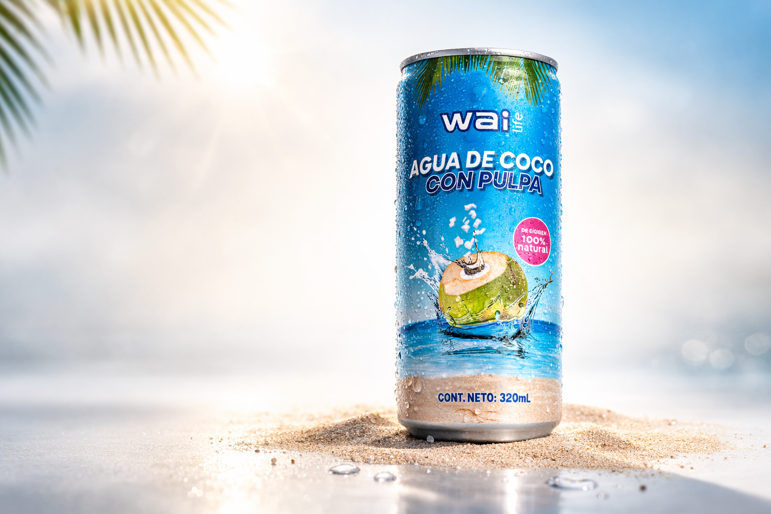 Lata Wai Life Agua de Coco con Pulpa 320ml sobre arena en estudio minimalista, bebida natural con electrolitos y 100% natural.