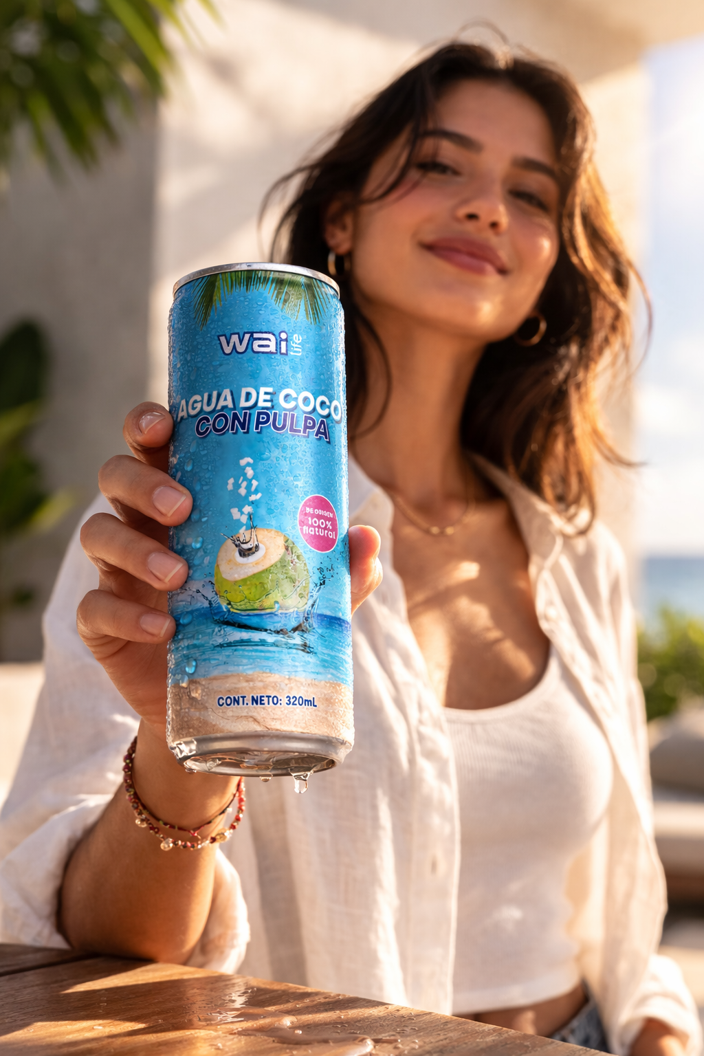 Mujer joven sosteniendo lata Wai Life Agua de Coco con Pulpa 320ml en ambiente natural con luz cálida, bebida 100% natural con electrolitos.