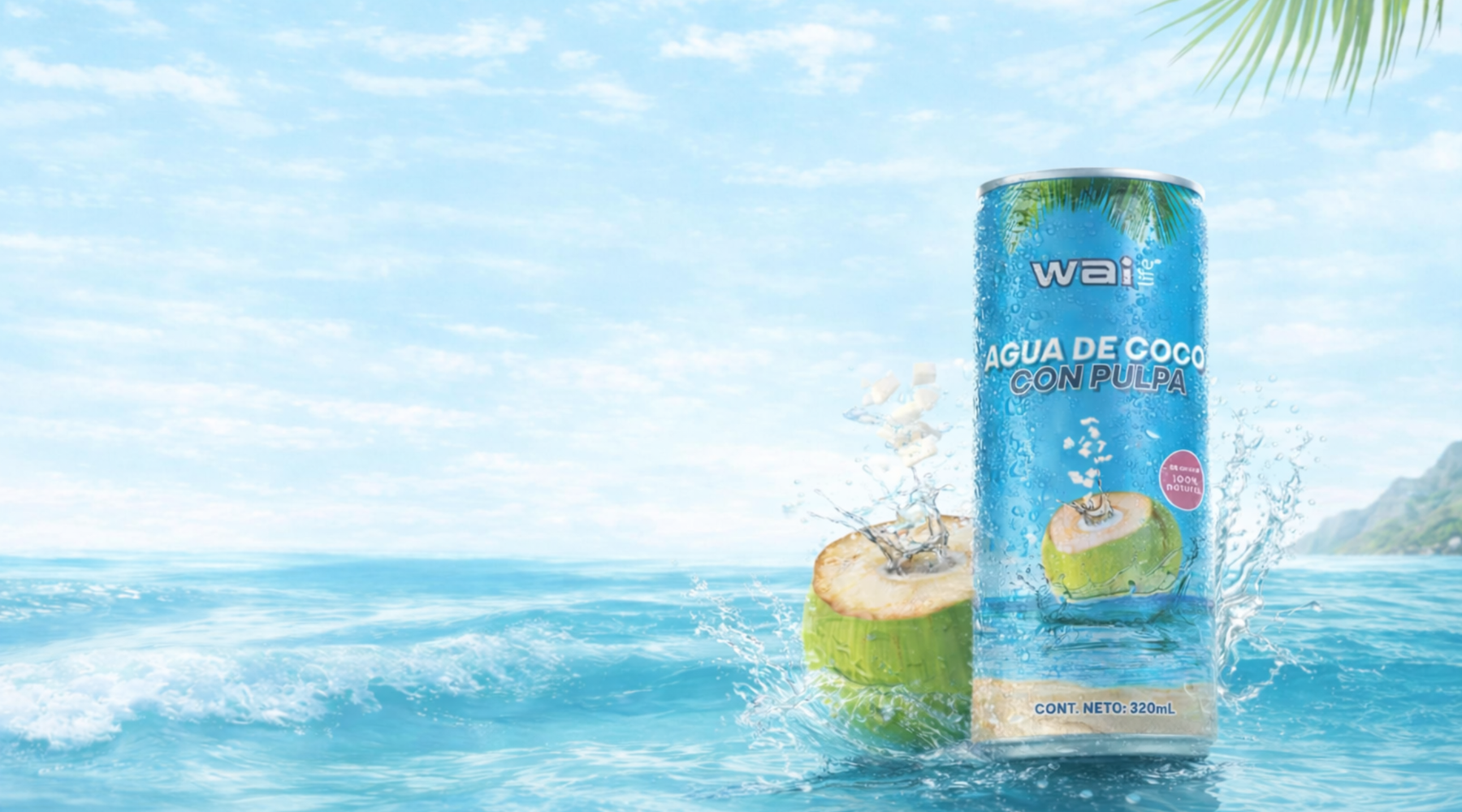 Wai Life agua de coco natural con pulpa 320 ml, bebida hidratante premium en lata