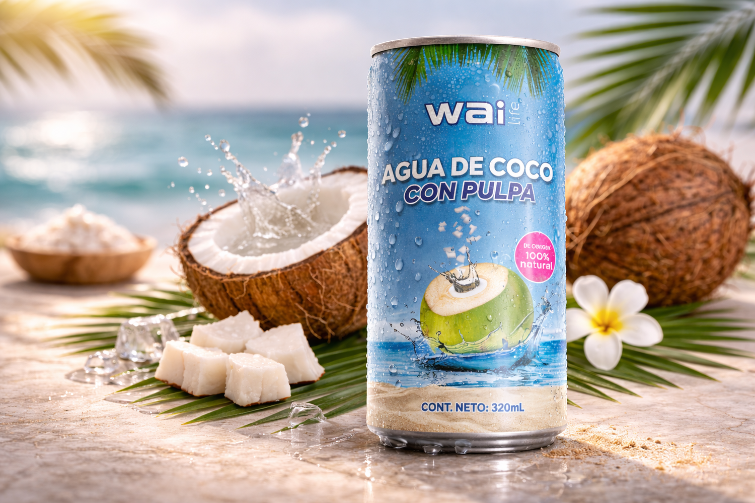 Lata Wai Life Agua de Coco con Pulpa 320 ml sobre arena con coco fresco y hielo en fondo de playa tropical