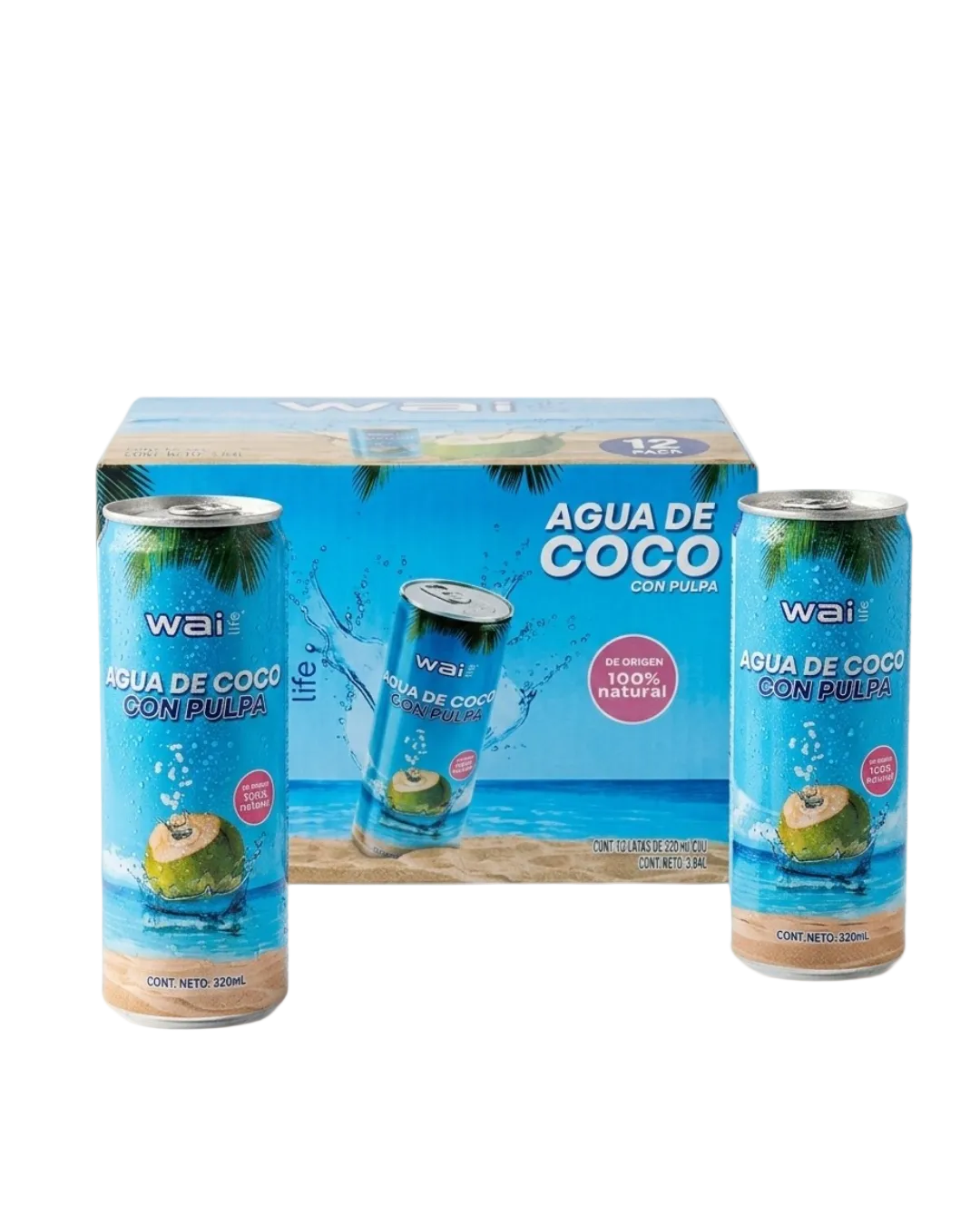 Pack premium Wai Life de agua de coco con pulpa con caja de 12 unidades y latas de 320 ml sobre fondo blanco minimalista.