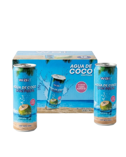 Pack premium Wai Life de agua de coco con pulpa con caja de 12 unidades y latas de 320 ml sobre fondo blanco minimalista.