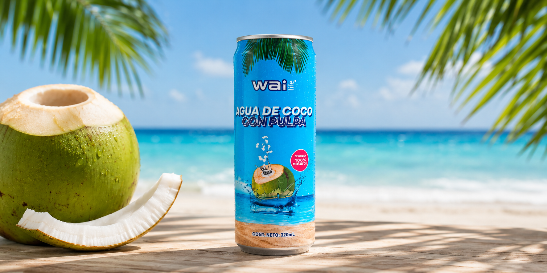Lata de Wai Life, agua de coco con pulpa, sobre una playa tropical junto a un coco fresco y hojas de palma, representando una hidratación natural.