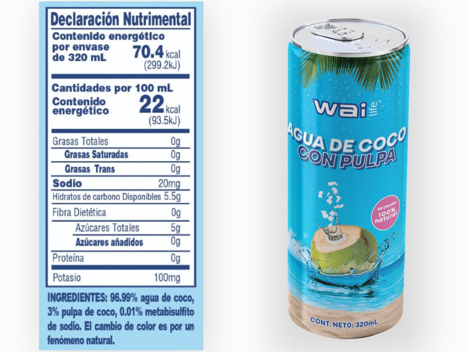 Wai Life agua de coco con pulpa 320 ml junto a tabla nutrimental oficial mostrando 22 kcal por 100 ml y sin azúcares añadidos