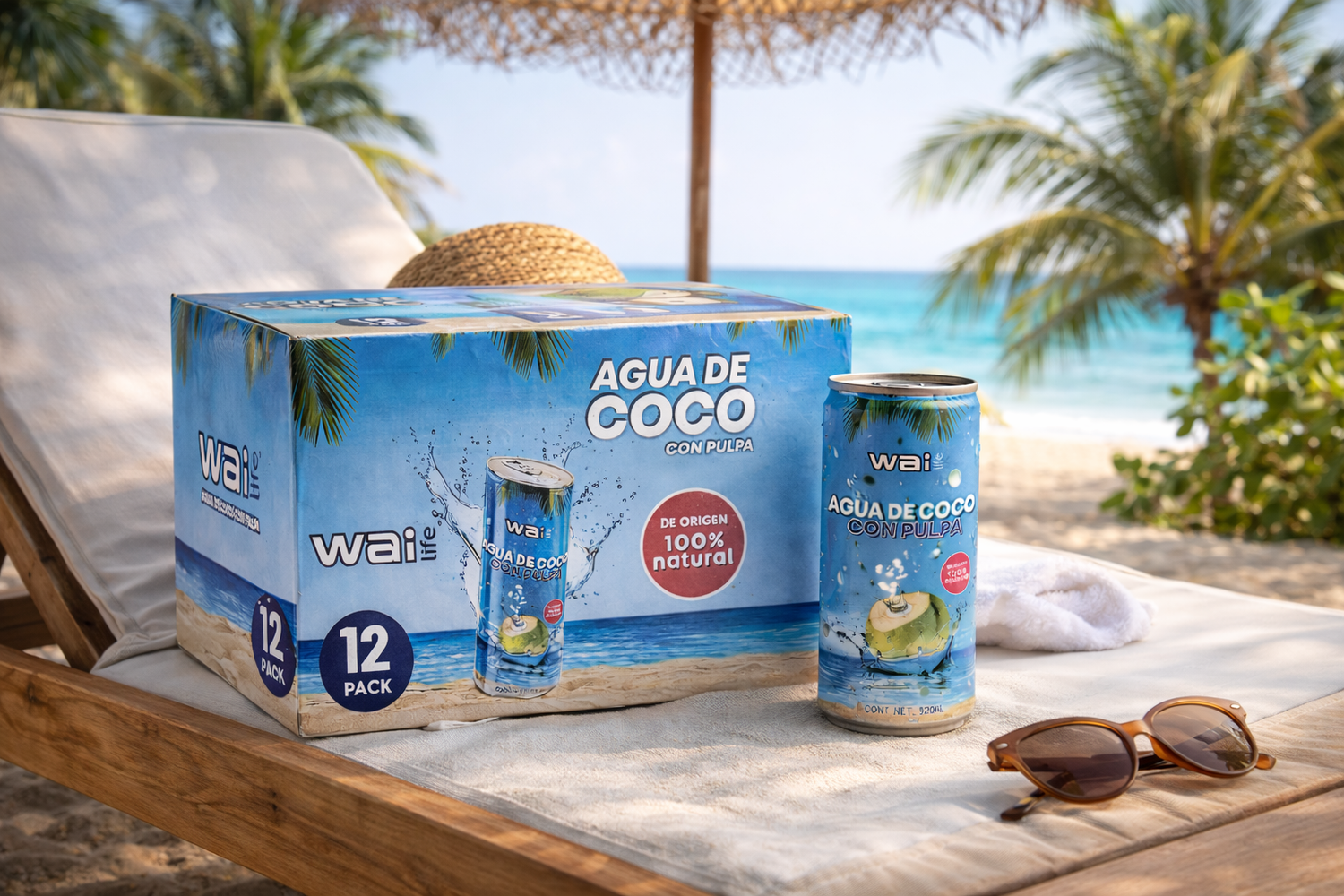 Wai Life agua de coco con pulpa 12 pack y lata de 320 ml en camastro de playa con fondo tropical, bebida natural sin azúcares añadidos