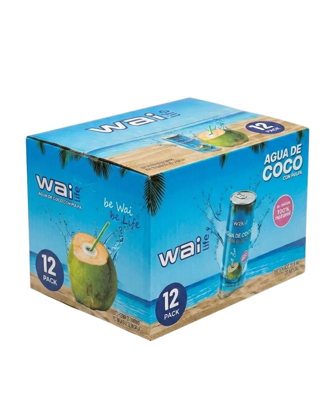 Caja Wai Life de 12 pack de agua de coco con pulpa con diseño tropical azul y presentación premium para distribución y mayoreo.