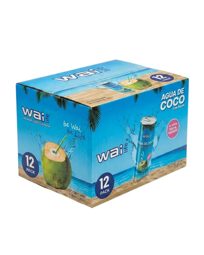 Caja Wai Life de 12 pack de agua de coco con pulpa con diseño tropical azul y presentación premium para distribución y mayoreo.