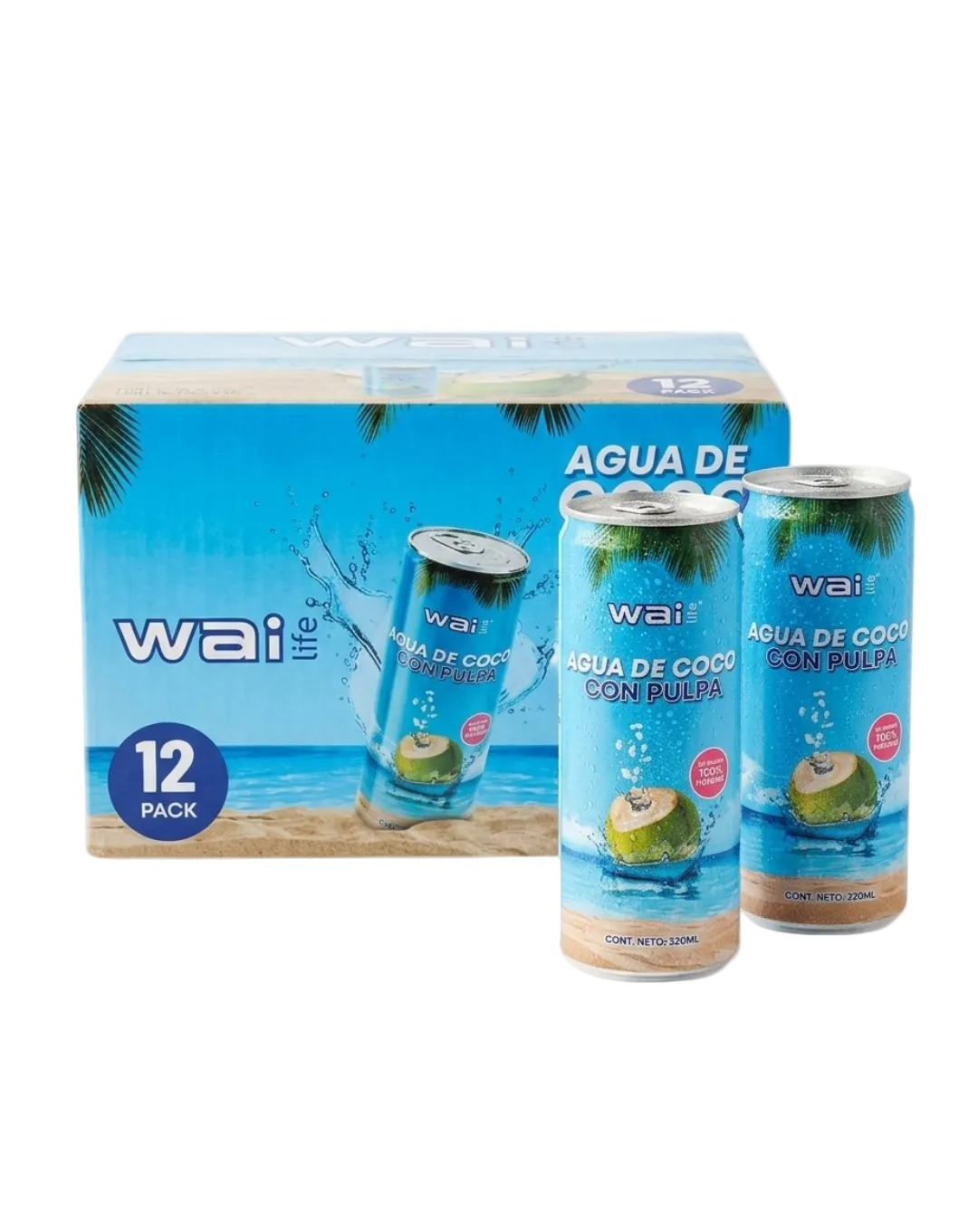 Presentación Wai Life de agua de coco con pulpa con caja de 12 pack y latas premium de 320 ml sobre fondo blanco minimalista.