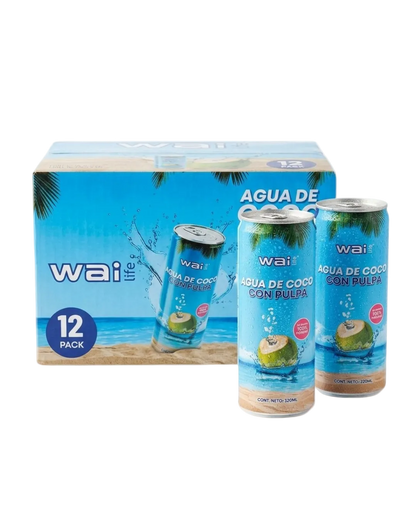 Presentación Wai Life de agua de coco con pulpa con caja de 12 pack y latas premium de 320 ml sobre fondo blanco minimalista.